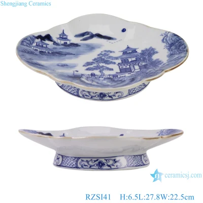 Цзиндэчжэнь сине-белый фарфор с пейзажным узором, цветком, овальной формы, керамическая тарелка с фруктами на высокой ножке
